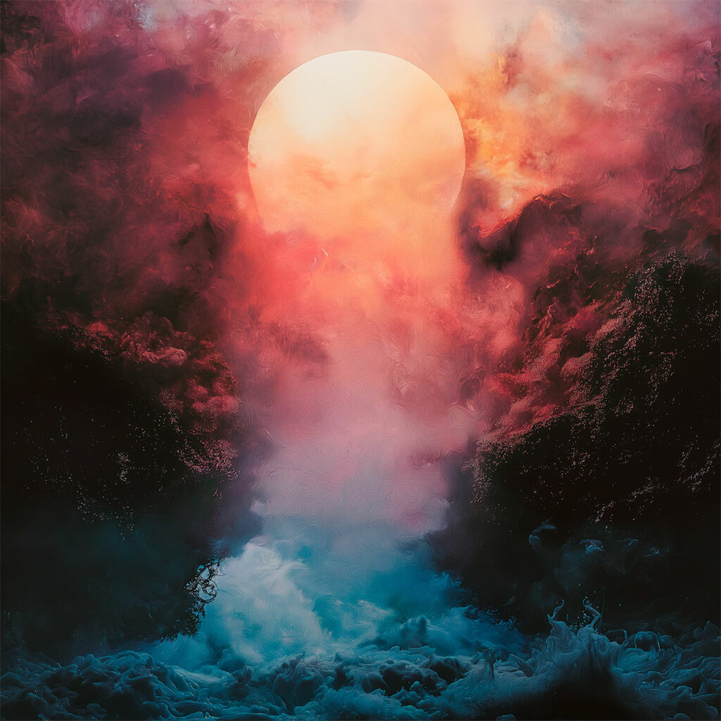 Surreal artwork of a glowing sphere emerging from misty pink and red clouds above a turbulent, teal-colored ocean.