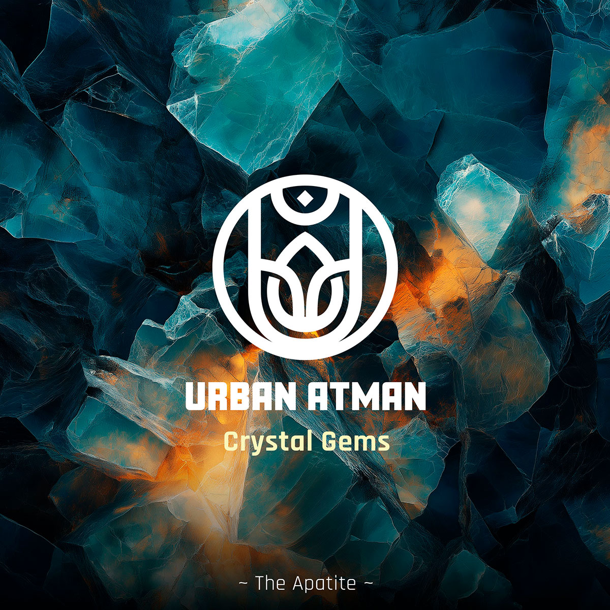 Stylized crystal artwork with layered blue apatite formations and glowing amber light, overlaid by the Urban Atman logo and track title.
