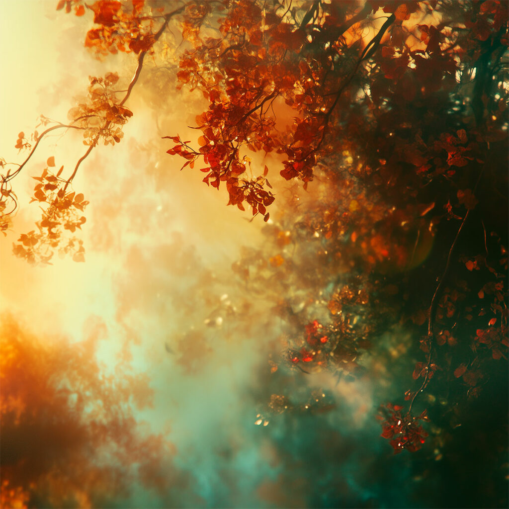 Golden and teal forest canopy glowing in soft morning light with autumn leaves catching the sun's rays.