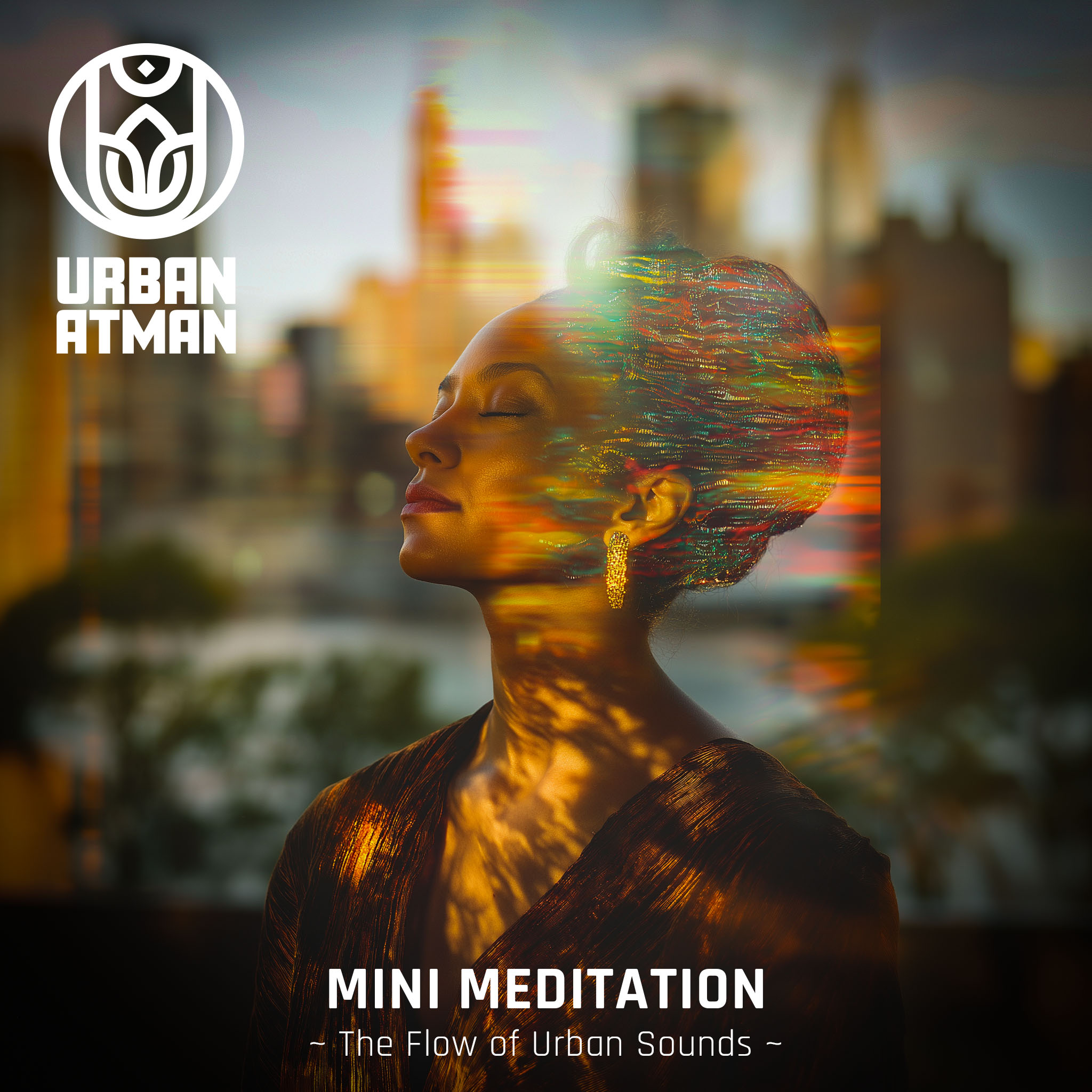 Cover artwork for Urban Atman's guided meditation 'The Flow of Urban Sounds', featuring a serene woman with closed eyes and a blurred city skyline in the background.