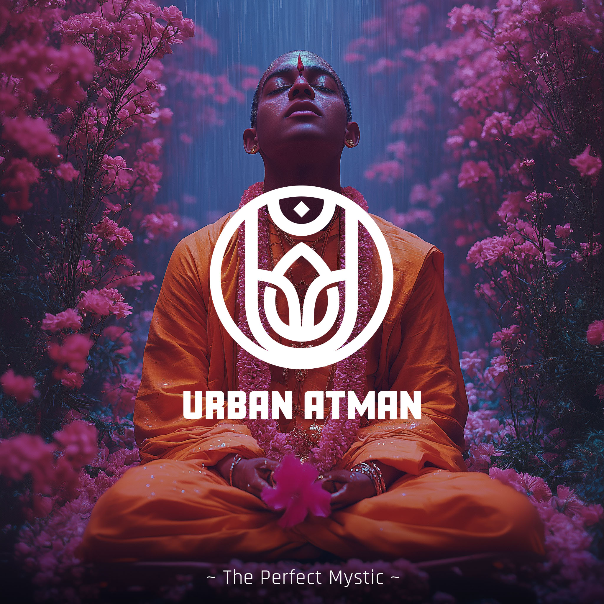 Cover artwork for the track 'The Perfect Mystic' by Urban Atman, featuring a meditating Hindu monk in orange robes surrounded by vivid pink flowers, with logo and title text.