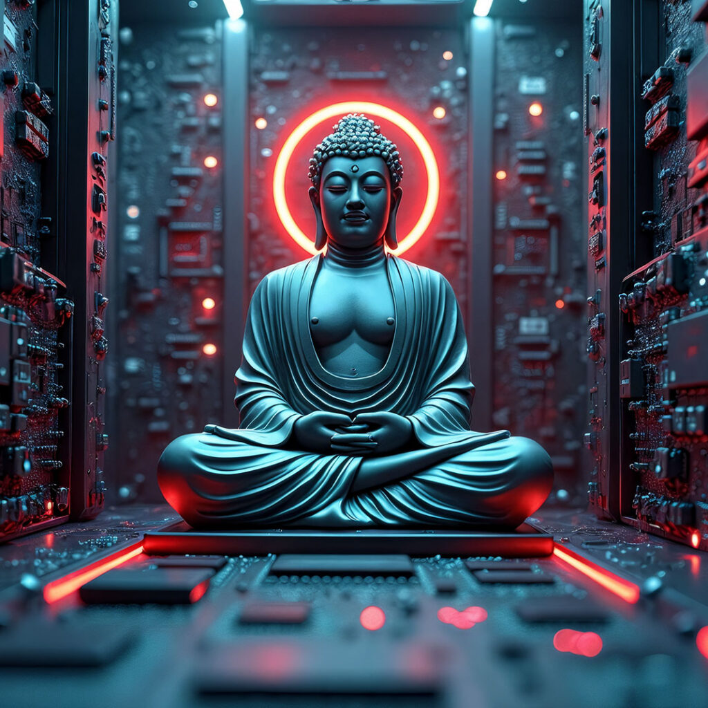 Futuristic Image of a Buddha Statue meditating inside an AI super computer