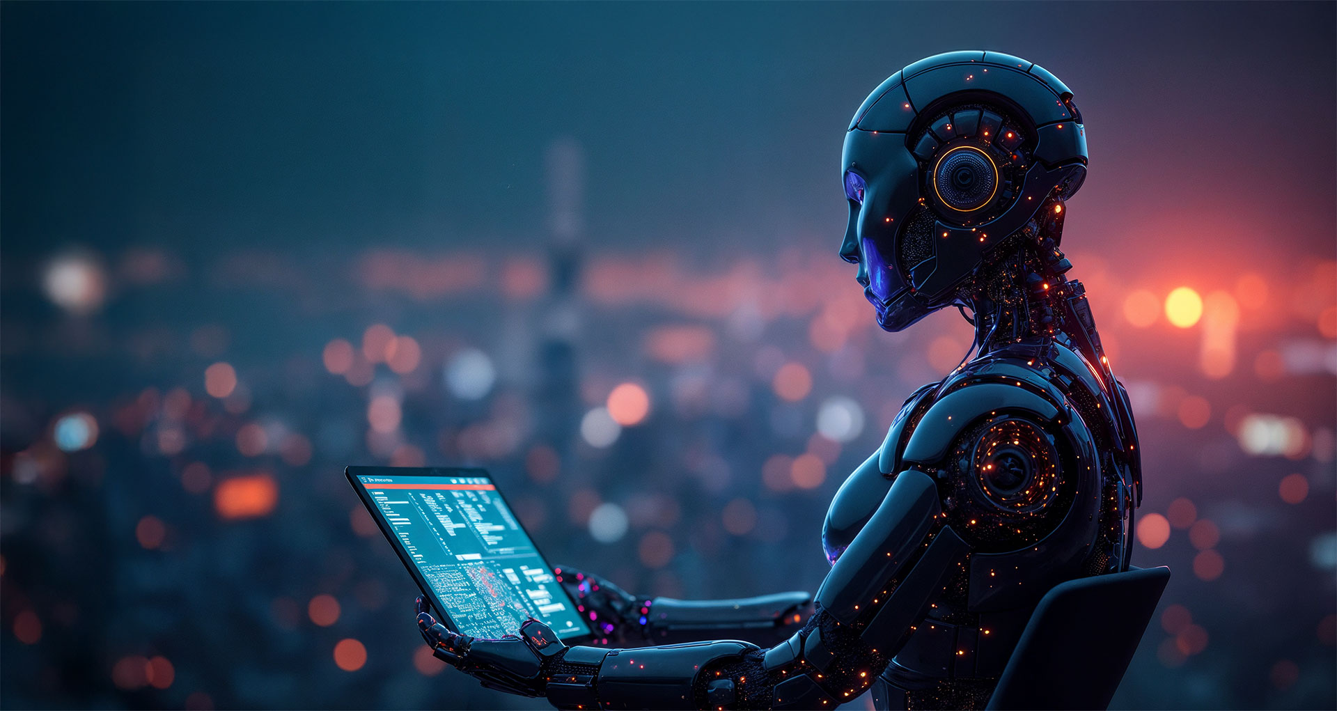 Artificial intelligence robot with a laptop on a dark city background, a futuristic technology concept.