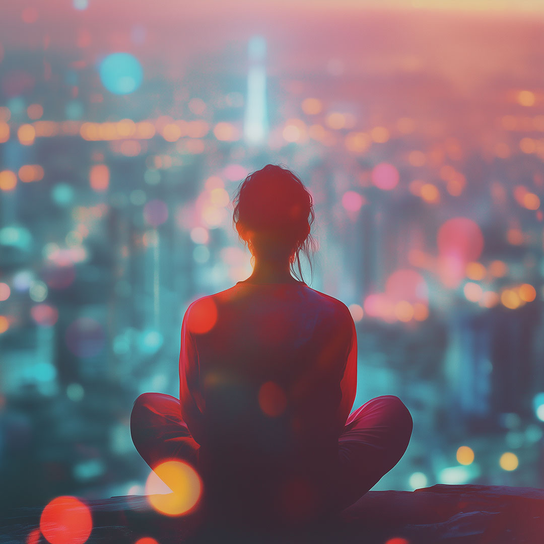 A girl meditates in a lotus position on the roof of a skyscraper