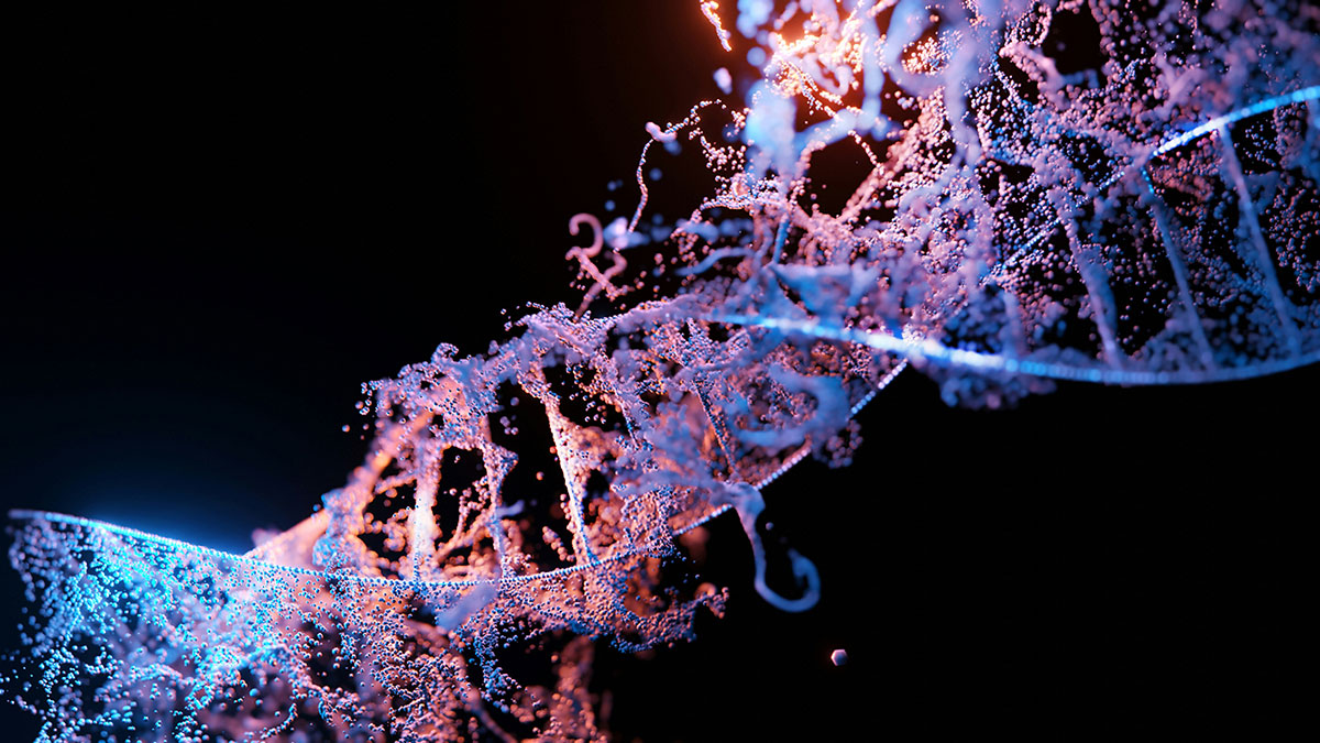 a stylized 3D rendering of a DNA double helix made of glowing particles. The colors shift between cool blues and warm oranges, creating a sense of contrast and energy. Organic, flowing shapes surround the structure, giving it a dynamic, almost ethereal quality against the deep black background.