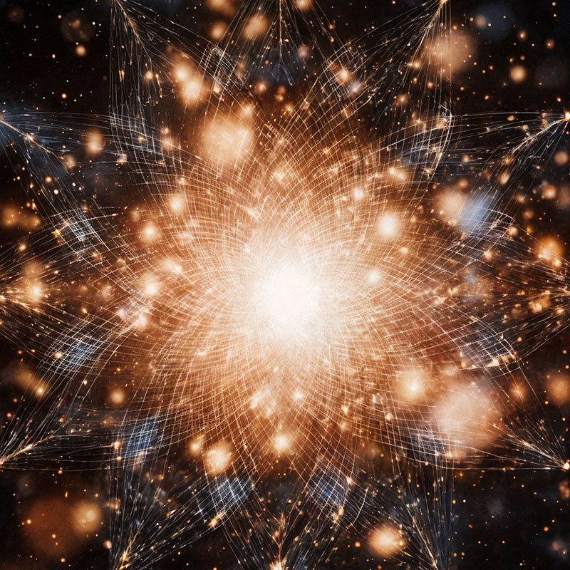 Abstract digital explosion of light and data lines forming a radiant, star-like structure.