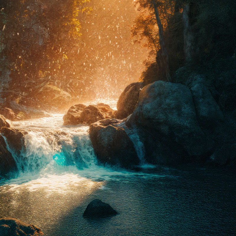 Magical waterfall in a forest with glowing sunlight and misty spray.