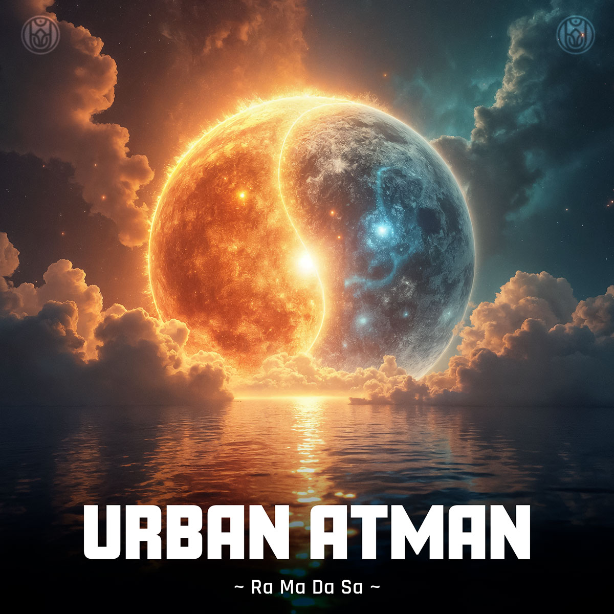Yin-Yang symbol of sun and planet above an ocean, representing cosmic balance and unity in a surreal digital artwork.