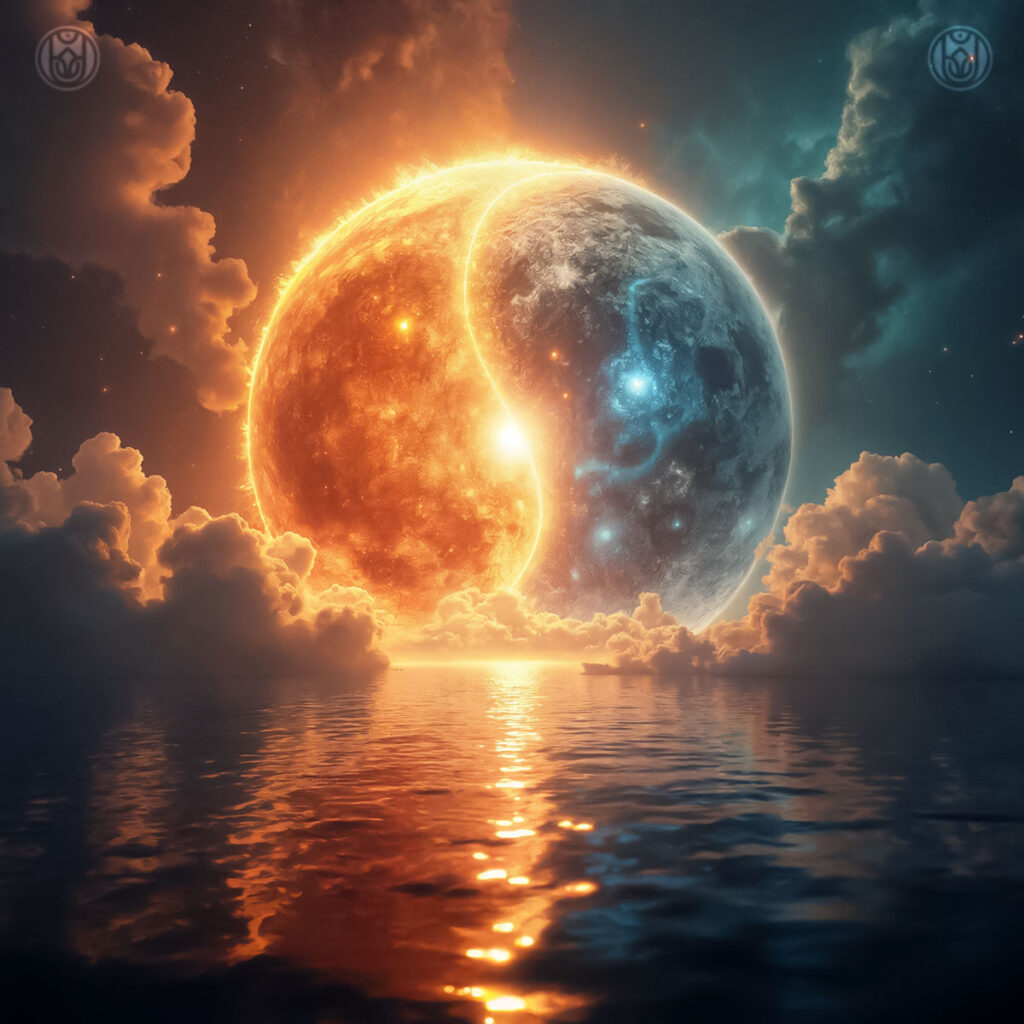 Cosmic yin-yang symbol of fire and water above ocean, representing balance and healing, with Urban Atman branding.