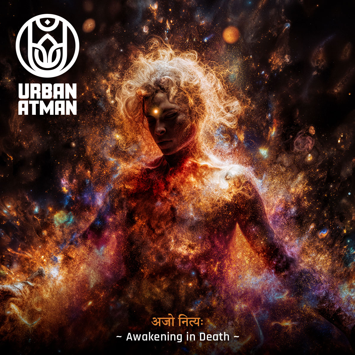 Fiery cosmic figure with illuminated third eye surrounded by galactic particles, representing transcendence and awakening, with the title “Awakening in Death” and the Urban Atman logo.