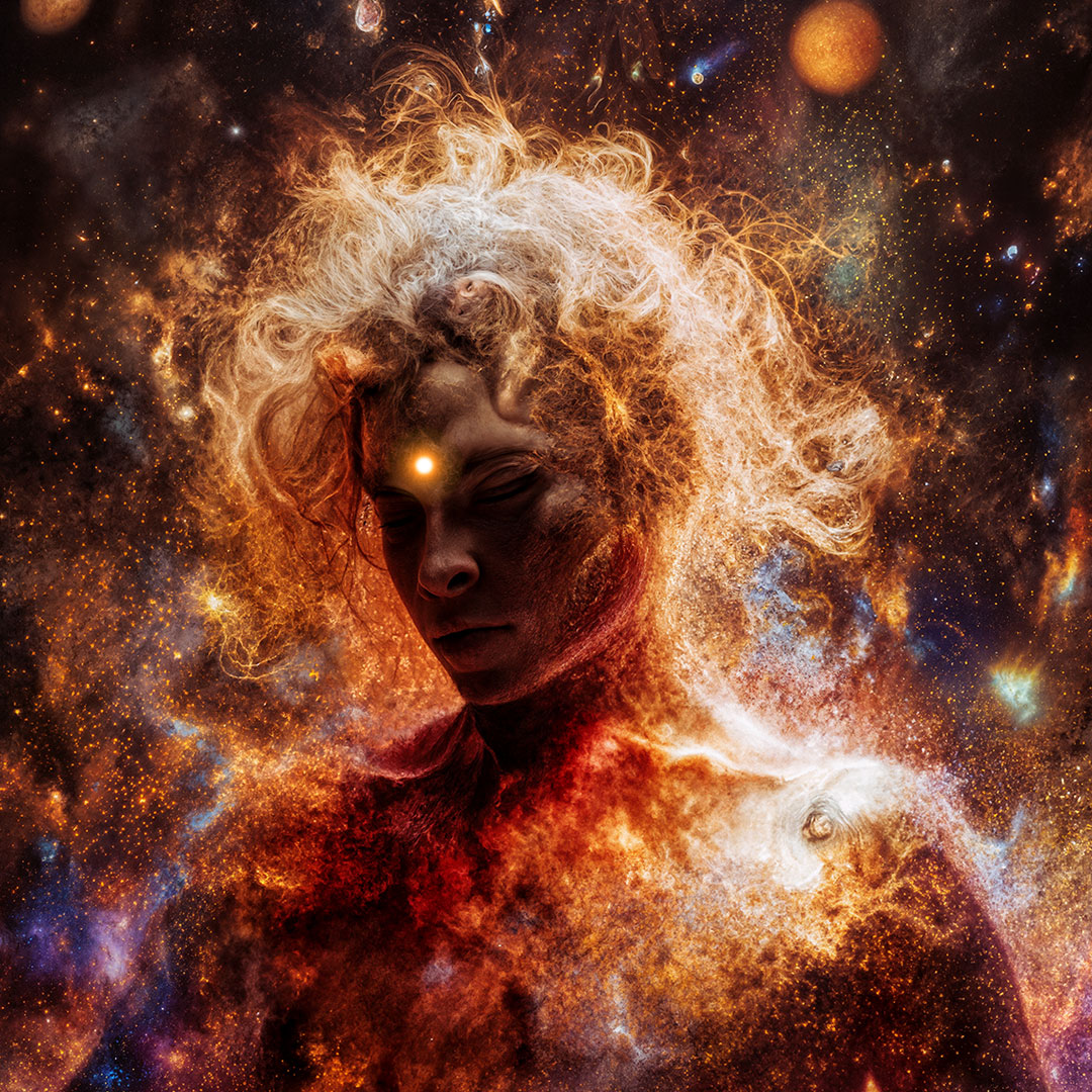 Mystical humanoid figure with glowing third eye emerging from cosmic nebula in fiery, colorful space.