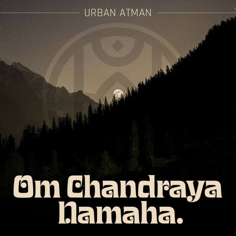 Single cover “Om Chandraya Namaha” by URBAN ATMAN: full moon above a mountain and forest silhouette under a starry night sky.