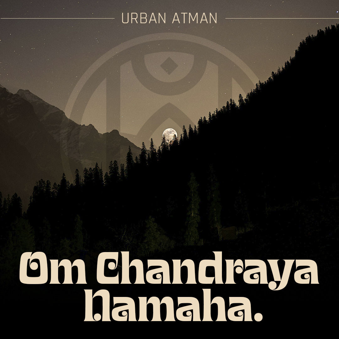 Single cover “Om Chandraya Namaha” by URBAN ATMAN: full moon above a mountain and forest silhouette under a starry night sky.
