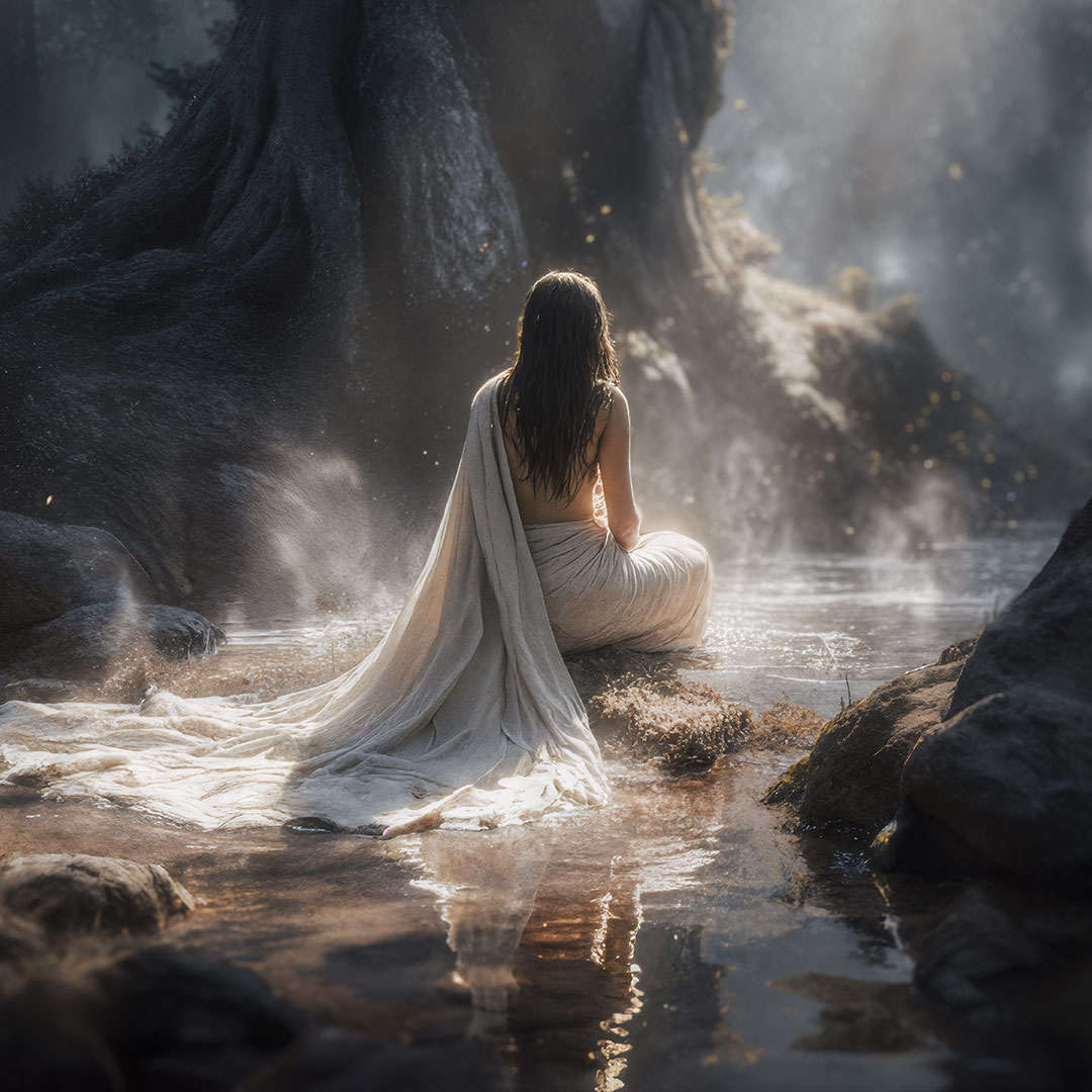“Shaman Soul” cover art by Urban Atman showing a woman by a misty river in an enchanted forest with a giant tree and light rays.